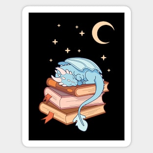 Little blue dragon sleeping on a stack of books Magnet